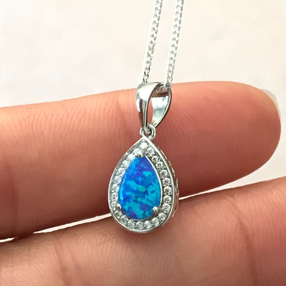 Blue Opal and CZ Sterling Silver Necklace - Picture 5 of 8